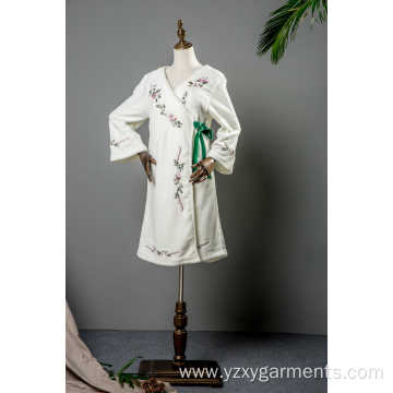 White coral fleece with full embroidery long robe